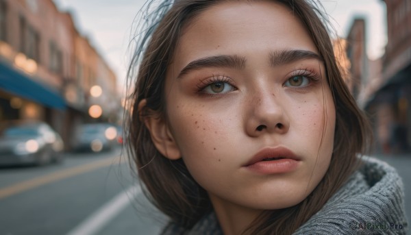 1girl, solo, looking at viewer, brown hair, brown eyes, outdoors, parted lips, mole, blurry, lips, eyelashes, depth of field, blurry background, thick eyebrows, ground vehicle, portrait, motor vehicle, freckles, realistic, nose, car, road