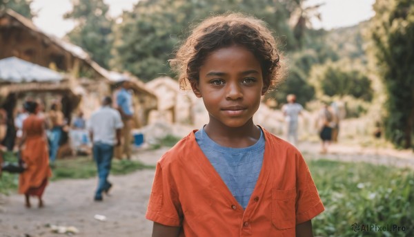 1girl,looking at viewer,smile,short hair,brown hair,shirt,black hair,1boy,hat,brown eyes,upper body,short sleeves,outdoors,multiple boys,solo focus,day,dark skin,blurry,dark-skinned female,tree,lips,buttons,depth of field,blurry background,dark-skinned male,blue shirt,child,walking,curly hair,realistic,straw hat,female child,male child,very dark skin,afro,male focus,red shirt,6+boys,pocket