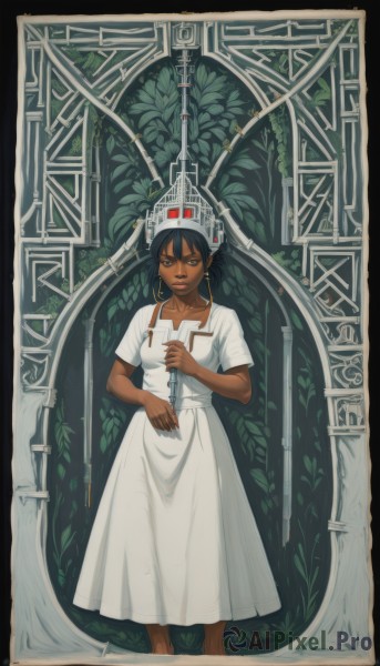 1girl,solo,looking at viewer,short hair,black hair,dress,holding,jewelry,closed mouth,standing,collarbone,full body,weapon,short sleeves,earrings,barefoot,dark skin,holding weapon,white dress,black eyes,dark-skinned female,crown,knife,plant,holding knife,dagger,tarot,art nouveau,brown eyes,parted lips,fingernails,leaf,border,hoop earrings