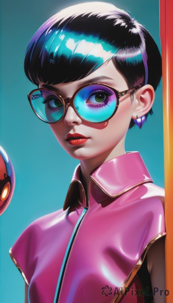 1girl,solo,breasts,looking at viewer,short hair,bangs,simple background,shirt,black hair,jewelry,green eyes,upper body,short sleeves,earrings,parted lips,glasses,teeth,shiny,collared shirt,shiny hair,lips,eyelashes,makeup,swept bangs,blue background,sunglasses,robot,lipstick,eyeshadow,pink shirt,nose,round eyewear,red lips,stud earrings,tinted eyewear,blue-tinted eyewear,closed mouth,jacket,pink jacket,very short hair,mascara