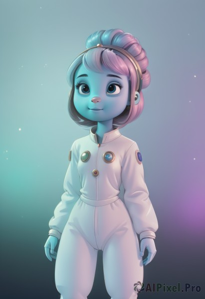 1girl,solo,smile,short hair,blue eyes,gloves,long sleeves,closed mouth,blue hair,standing,pink hair,hairband,gradient,gradient background,colored skin,blue skin,arms at sides,blue gloves,female child,space,alien,spacesuit,space helmet,astronaut,purple hair,multicolored hair,artist name,two-tone hair,lips,bodysuit,cameltoe,jumpsuit