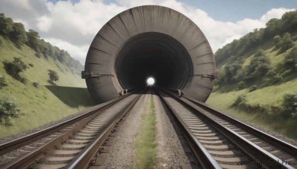 outdoors,sky,day,cloud,tree,blue sky,no humans,sunlight,cloudy sky,grass,nature,scenery,forest,mountain,sun,road,fisheye,railroad tracks,bush,field,landscape,train,hill,train station