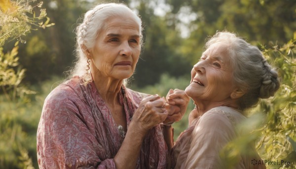 1girl,multiple girls,1boy,dress,2girls,jewelry,closed mouth,closed eyes,upper body,braid,white hair,grey hair,earrings,outdoors,parted lips,day,hair bun,blurry,lips,depth of field,blurry background,leaf,single hair bun,ring,plant,dual persona,age difference,realistic,old,old man,hand on another's chin,old woman,wrinkled skin,smile,holding hands