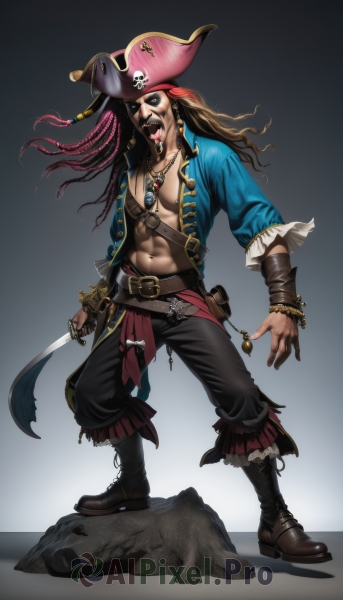 solo,long hair,brown hair,1boy,hat,navel,jewelry,standing,jacket,full body,weapon,male focus,earrings,boots,open clothes,tongue,belt,pants,sword,necklace,gradient,gun,gradient background,muscular,facial hair,eyepatch,abs,ring,feathers,knife,beard,skull,rock,mustache,dagger,pirate hat,pirate,open mouth,pendant