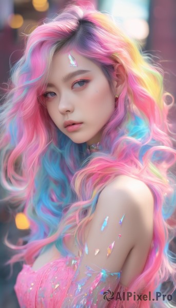 1girl,solo,long hair,breasts,looking at viewer,blue eyes,bare shoulders,jewelry,medium breasts,blue hair,upper body,pink hair,multicolored hair,earrings,parted lips,choker,artist name,necklace,sweatdrop,blurry,from side,two-tone hair,lips,looking to the side,grey eyes,eyelashes,makeup,depth of field,blurry background,watermark,wavy hair,gem,eyeshadow,crystal,pink lips,realistic,nose,mascara,heart,web address