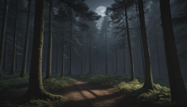 outdoors,sky,tree,no humans,night,shadow,moon,grass,plant,nature,night sky,scenery,full moon,forest,dark,moonlight,path,monochrome,star (sky)