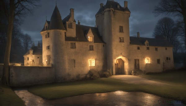 HQ,outdoors,sky,cloud,water,tree,no humans,window,night,cloudy sky,grass,building,scenery,lantern,road,house,bare tree,castle,fog,path,church,nature,night sky,fantasy,door,light,dark,bridge,tower,arch