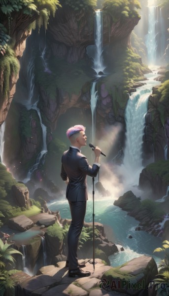 solo,looking at viewer,short hair,open mouth,shirt,long sleeves,1boy,holding,jewelry,standing,jacket,full body,pink hair,purple hair,white hair,male focus,multicolored hair,earrings,outdoors,shoes,day,looking back,pants,hand up,water,from behind,black footwear,two-tone hair,tree,black jacket,bird,black pants,formal,sunlight,suit,plant,nature,scenery,microphone,forest,light rays,rock,music,holding microphone,sunbeam,singing,wide shot,hair slicked back,microphone stand,waterfall,black suit,cliff,moss,closed eyes,artist name,headband,hand in pocket,very short hair,river,stream