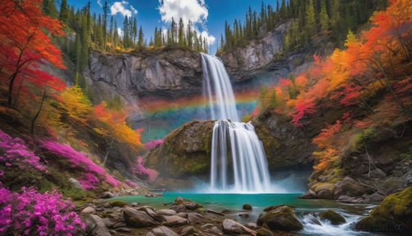 outdoors, sky, day, cloud, water, tree, blue sky, no humans, leaf, nature, scenery, forest, rock, mountain, autumn leaves, maple leaf, rainbow, autumn, waterfall