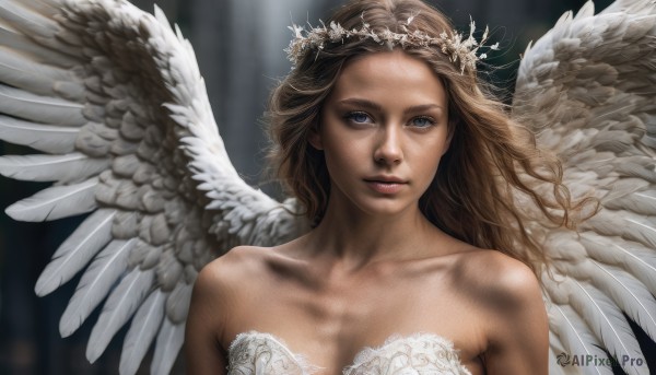 1girl,solo,long hair,breasts,looking at viewer,blue eyes,blonde hair,brown hair,dress,cleavage,bare shoulders,medium breasts,collarbone,upper body,parted lips,wings,white dress,blurry,lips,strapless,feathered wings,freckles,angel wings,realistic,white wings,angel,head wreath,feathers