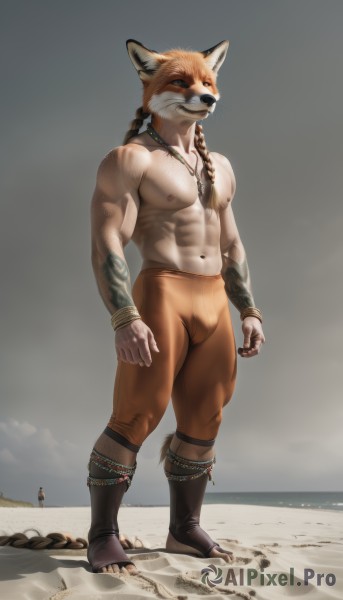 solo,1boy,navel,animal ears,jewelry,nipples,standing,tail,full body,braid,male focus,thighs,outdoors,sky,pants,necklace,stomach,twin braids,bracelet,fox ears,tattoo,muscular,thick thighs,abs,pectorals,muscular male,bara,furry,large pectorals,bulge,topless male,sand,furry male,orange fur,leather boots,tooth necklace,long hair,blue eyes,water,toes,fox tail,facial hair,ocean,beach,realistic,arms at sides,toeless legwear,brown fur