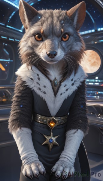 solo,looking at viewer,dress,brown eyes,jewelry,sitting,closed mouth,standing,cowboy shot,belt,artist name,signature,necklace,black dress,orange eyes,no humans,window,night,animal,moon,ring,brooch,gem,star (sky),claws,furry,full moon,pendant,colored sclera,space,body fur,animal focus,white fur,straight-on,whiskers,blue gemstone,red gemstone,black fur,fluffy,grey fur,sky,night sky,starry sky,realistic,wolf