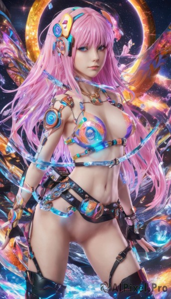 1girl,solo,long hair,breasts,looking at viewer,blue eyes,hair ornament,thighhighs,gloves,navel,cleavage,jewelry,medium breasts,swimsuit,pink hair,bikini,pussy,black gloves,belt,fingerless gloves,necklace,lips,science fiction,realistic,space,planet,mechanical wings,bangs,closed mouth,nipples,standing,cowboy shot,boots,wings,nail polish,thigh strap,chain,headgear,headphones,watermark,web address,contrapposto,nose