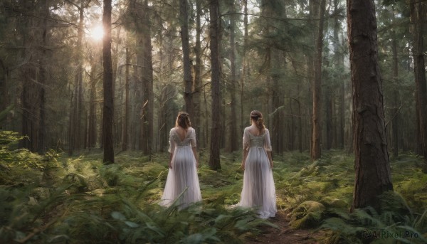 short hair, multiple girls, brown hair, dress, 2girls, outdoors, white dress, tree, sunlight, grass, nature, scenery, forest