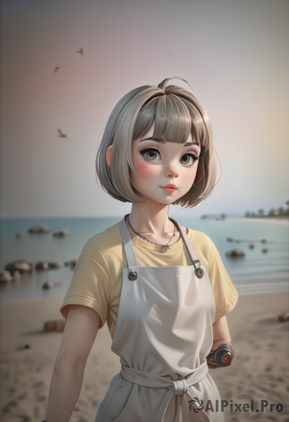 1girl,solo,looking at viewer,blush,short hair,bangs,brown hair,shirt,dress,brown eyes,jewelry,closed mouth,green eyes,standing,collarbone,upper body,ahoge,short sleeves,grey hair,outdoors,sky,day,artist name,blunt bangs,water,necklace,white dress,blurry,lips,depth of field,blurry background,bird,ocean,beach,bob cut,freckles,yellow shirt,nose,sand,android,overalls,joints,prosthesis,apron,eyelashes,pendant