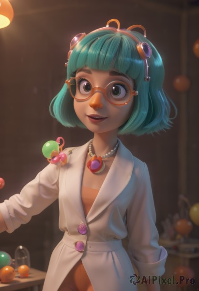 1girl,solo,smile,short hair,open mouth,bangs,hair ornament,long sleeves,jewelry,green eyes,standing,hairband,parted lips,green hair,glasses,teeth,belt,artist name,indoors,blunt bangs,necklace,blurry,lips,coat,aqua hair,fruit,depth of field,blurry background,upper teeth only,watermark,table,bob cut,goggles,gem,web address,sleeves rolled up,freckles,beads,round eyewear,labcoat,white coat,tinted eyewear,rimless eyewear,bead necklace,pearl necklace,looking at viewer,red-framed eyewear,goggles on head,realistic