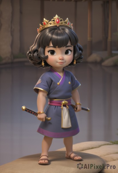 1girl,solo,looking at viewer,smile,short hair,brown hair,black hair,dress,holding,brown eyes,jewelry,closed mouth,standing,full body,weapon,short sleeves,earrings,outdoors,japanese clothes,sword,holding weapon,blurry,black eyes,bracelet,sash,blurry background,holding sword,sandals,katana,tiara,crown,sheath,child,curly hair,female child,bangs,lips,toes,knife,purple dress