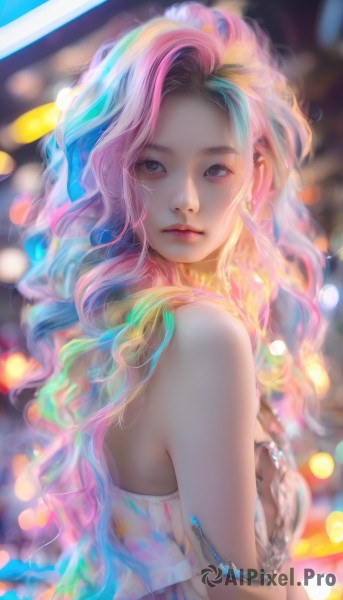 1girl,solo,long hair,breasts,looking at viewer,dress,bare shoulders,brown eyes,jewelry,medium breasts,closed mouth,blue hair,upper body,pink hair,multicolored hair,earrings,parted lips,green hair,artist name,necklace,blurry,bracelet,lips,depth of field,blurry background,wavy hair,armlet,realistic,nose,bokeh,rainbow hair,from side,two-tone hair,streaked hair,looking to the side,watermark,expressionless