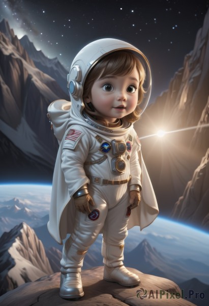 1girl,solo,looking at viewer,brown hair,gloves,brown eyes,standing,full body,sky,hood,star (symbol),cape,moon,helmet,child,star (sky),starry sky,science fiction,mountain,realistic,sun,space,planet,earth (planet),american flag,spacecraft,spacesuit,japanese flag,space helmet,astronaut,short hair,boots,parted lips