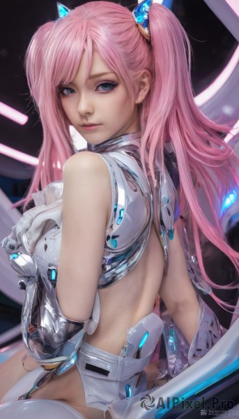 1girl,solo,long hair,breasts,looking at viewer,smile,bangs,blue eyes,hair ornament,thighhighs,gloves,bare shoulders,twintails,medium breasts,sitting,closed mouth,pink hair,ass,looking back,artist name,from behind,white thighhighs,lips,makeup,back,hand on own chest,science fiction,realistic,nose,watermark