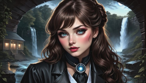 1girl,solo,long hair,looking at viewer,blush,blue eyes,brown hair,jewelry,jacket,upper body,braid,earrings,outdoors,choker,water,tree,lips,black jacket,eyelashes,makeup,night,leaf,moon,lipstick,portrait,nature,full moon,red lips,stud earrings,waterfall,bangs,closed mouth,sky,day,artist name,cloud,wavy hair,plant,eyeshadow,stairs,nose,eyeliner,leather,architecture,leather jacket,mascara