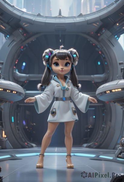 1girl,solo,long hair,looking at viewer,smile,bangs,brown hair,black hair,hair ornament,long sleeves,dress,twintails,brown eyes,closed mouth,standing,collarbone,full body,dark skin,wide sleeves,white dress,dark-skinned female,lips,double bun,short dress,sandals,robot,child,reflection,science fiction,legs apart,female child,reflective floor,breasts,blue eyes,ahoge,belt