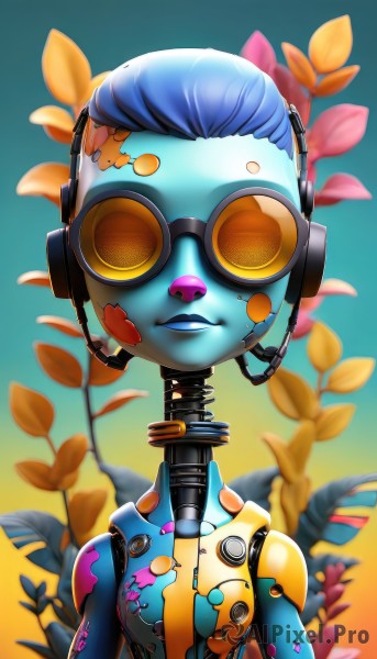 1girl,solo,breasts,looking at viewer,smile,short hair,blue hair,upper body,flower,parted lips,lips,colored skin,headphones,plant,robot,goggles,science fiction,blue skin,android,cable,tinted eyewear,robot joints,blue lips,mechanical parts,humanoid robot,artist name,blurry,gradient,gradient background,makeup,blurry background,leaf,sunglasses,lipstick,headset,joints,cyborg,hair pulled back,cyberpunk,blue-tinted eyewear