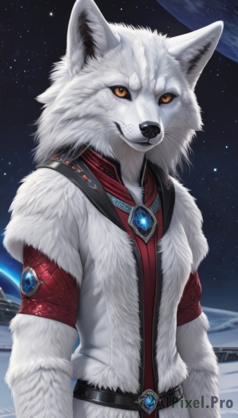 solo,looking at viewer,1boy,jewelry,closed mouth,standing,yellow eyes,upper body,male focus,outdoors,sky,belt,signature,orange eyes,fur trim,no humans,night,moon,brooch,gem,star (sky),night sky,furry,starry sky,colored sclera,black sclera,space,furry male,body fur,white fur,planet,fur,wolf,snout,earth (planet),red gemstone,fluffy,animal ears,animal,realistic