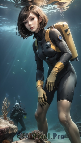 1girl,breasts,looking at viewer,short hair,brown hair,gloves,1boy,brown eyes,medium breasts,standing,parted lips,solo focus,water,bag,lips,bodysuit,ocean,bob cut,backpack,helmet,skin tight,fish,bubble,underwater,black bodysuit,air bubble,submerged,spacesuit,diving mask,coral,wetsuit,seaweed,sunlight,light rays,realistic,nose,camera,yellow gloves