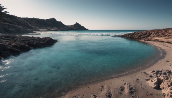 outdoors,sky,day,water,tree,blue sky,no humans,ocean,beach,scenery,rock,sand,horizon,waves,shore,footprints,cloud,nature,mountain,palm tree,landscape