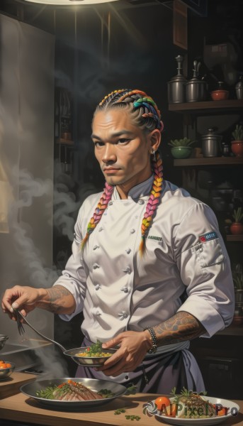 solo,looking at viewer,shirt,black hair,hair ornament,1boy,holding,brown eyes,jewelry,closed mouth,white shirt,braid,male focus,multicolored hair,earrings,food,indoors,dark skin,black eyes,apron,twin braids,bracelet,tattoo,buttons,dark-skinned male,plant,steam,plate,smoke,bowl,arm tattoo,cooking,meat,kitchen,tomato,chef,soup,long hair,standing,upper body,pink hair,nail polish,two-tone hair,fingernails,single braid,gradient hair,fruit,piercing,table,bottle,hair over shoulder,forehead,sleeves rolled up,realistic,nose,carrot,hair slicked back,sleeves pushed up,vegetable,dreadlocks,lettuce,onion