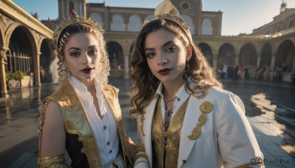 long hair,looking at viewer,smile,multiple girls,brown hair,shirt,black hair,2girls,brown eyes,jewelry,closed mouth,jacket,white shirt,upper body,earrings,outdoors,sleeveless,day,necklace,black eyes,vest,lips,makeup,wavy hair,white jacket,tiara,crown,lipstick,building,curly hair,gold trim,realistic,red lips,architecture,dress,parted lips,detached sleeves,sky,collared shirt,mole,blurry,buttons,siblings,formal,sunlight,suit,backlighting,hoop earrings,shade,dappled sunlight