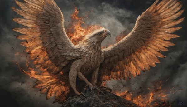 solo,open mouth,outdoors,wings,sky,cloud,pokemon (creature),no humans,bird,cloudy sky,fire,feathered wings,claws,smoke,flying,animal focus,talons,beak,spread wings,holding,from side,feathers,burning