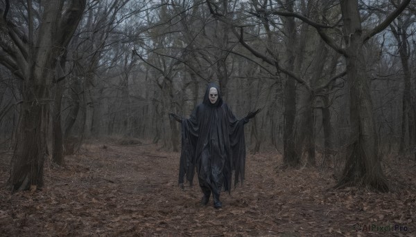 1girl,solo,looking at viewer,black hair,gloves,1boy,standing,male focus,boots,outdoors,black gloves,hood,black footwear,tree,torn clothes,nature,scenery,cloak,hood up,forest,walking,hooded cloak,black cloak,holding,mask,night,bare tree,horror (theme)