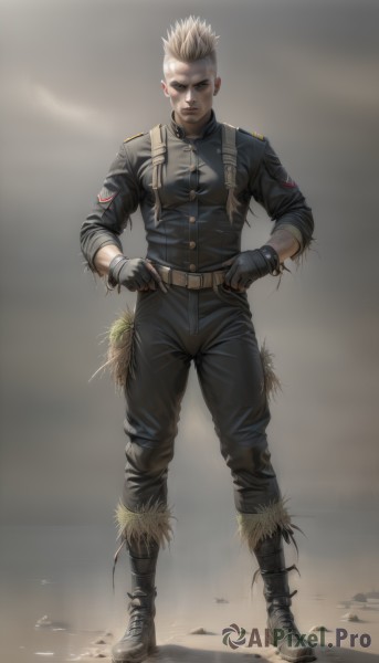 solo,looking at viewer,short hair,blonde hair,gloves,1boy,brown eyes,jewelry,standing,jacket,full body,male focus,earrings,boots,black gloves,belt,pants,fingerless gloves,black footwear,uniform,military,military uniform,scar,black pants,spiked hair,hands on hips,realistic,very short hair,mohawk,tattoo