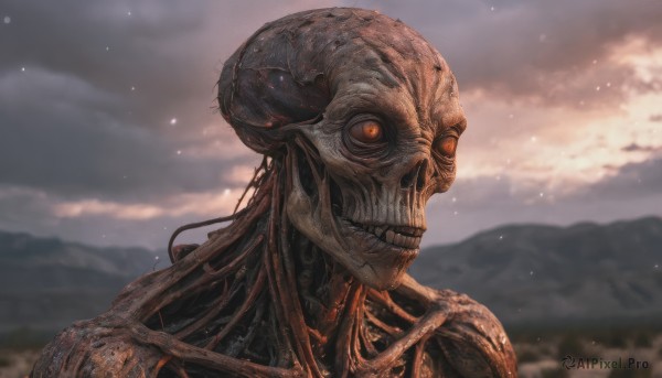 solo,red eyes,1boy,upper body,male focus,outdoors,horns,sky,teeth,cloud,blurry,orange eyes,no humans,blurry background,glowing,cloudy sky,glowing eyes,1other,science fiction,monster,mountain,realistic,skeleton,alien,portrait,scenery,skull,giant,horror (theme)