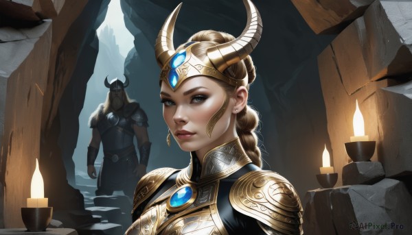 1girl,long hair,looking at viewer,blue eyes,blonde hair,brown hair,1boy,jewelry,closed mouth,upper body,braid,earrings,horns,solo focus,armor,lips,grey eyes,single braid,makeup,helmet,brooch,shoulder armor,gem,pauldrons,breastplate,headpiece,nose,candle,fake horns,full armor,horned headwear,cave,helm,gorget,horned helmet,plate armor,realistic,forehead protector