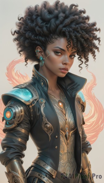 1girl,solo,looking at viewer,short hair,simple background,black hair,brown eyes,jewelry,closed mouth,jacket,upper body,earrings,open clothes,dark skin,armor,black eyes,dark-skinned female,lips,expressionless,piercing,ear piercing,curly hair,high collar,nose,very dark skin,white background,collarbone,mole,mole under eye,makeup,lipstick,gem,backlighting,freckles,realistic,cyborg