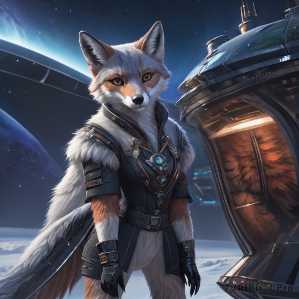 solo,looking at viewer,gloves,jewelry,standing,tail,yellow eyes,short sleeves,cowboy shot,sky,black gloves,belt,artist name,necklace,black jacket,no humans,animal,slit pupils,brooch,gem,star (sky),claws,furry,buckle,starry sky,colored sclera,fantasy,black sclera,space,furry male,body fur,leather,animal focus,white fur,planet,fur,earth (planet),black fur,fluffy,telescope,animal ears,brown eyes,jacket,realistic,spacecraft,galaxy