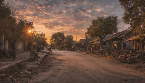 outdoors, sky, cloud, tree, dutch angle, no humans, cloudy sky, ground vehicle, building, scenery, motor vehicle, sunset, road, house, power lines, lamppost, street, bicycle, vanishing point