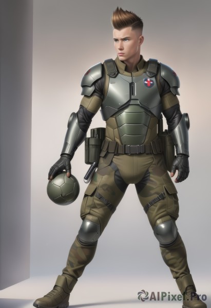 solo,blue eyes,brown hair,gloves,1boy,brown eyes,standing,full body,weapon,male focus,boots,fingerless gloves,armor,uniform,lips,military,military uniform,helmet,realistic,knee pads,shoulder pads,camouflage,elbow pads,helmet removed,holding,belt,looking to the side,science fiction,serious,soldier