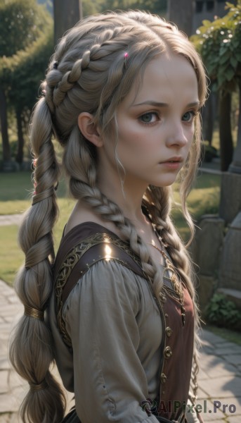 1girl,solo,long hair,looking at viewer,blonde hair,hair ornament,long sleeves,dress,twintails,jewelry,green eyes,upper body,braid,outdoors,parted lips,day,necklace,blurry,twin braids,from side,tree,lips,looking to the side,grey eyes,eyelashes,depth of field,blurry background,sunlight,forehead,freckles,realistic,nose,pavement,multiple braids,hairclip,vest,bush