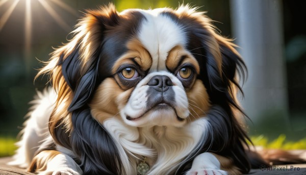 HQ,solo,looking at viewer,brown eyes,jewelry,closed mouth,artist name,signature,necklace,blurry,no humans,blurry background,animal,sunlight,cat,portrait,light rays,realistic,animal focus,whiskers,yellow eyes,blood,fangs,watermark,scar,web address,close-up,dog