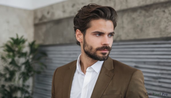 solo,short hair,blue eyes,brown hair,shirt,black hair,1boy,jacket,white shirt,upper body,male focus,collared shirt,indoors,blurry,looking to the side,blurry background,facial hair,formal,suit,plant,beard,brown jacket,realistic,mustache,animification,closed mouth,outdoors,open clothes,open jacket,lips,dress shirt,depth of field,portrait,blurry foreground,blinds