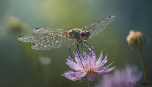 flower, wings, blurry, no humans, depth of field, blurry background, animal, bug, flying, green background, realistic, purple flower, antennae