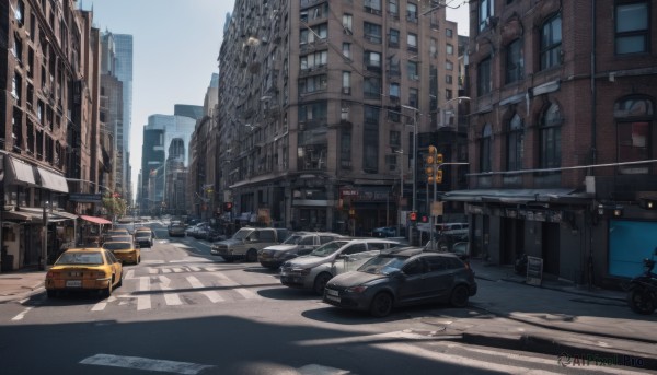 outdoors,sky,day,tree,no humans,window,shadow,ground vehicle,building,scenery,motor vehicle,city,sign,car,road,cityscape,vehicle focus,lamppost,street,skyscraper,road sign,traffic light,truck,crosswalk,real world location,sidewalk,cloud,blue sky