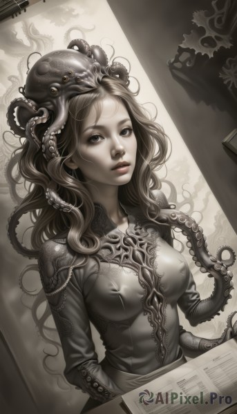 1girl,solo,long hair,breasts,looking at viewer,brown hair,medium breasts,upper body,covered nipples,lips,grey eyes,wavy hair,tentacles,spot color,curly hair,paper,on head,octopus,newspaper,grey theme,blue eyes,blonde hair,dress,parted lips,book,animal,realistic,animal on head,ink