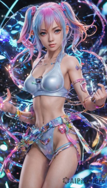 1girl,solo,long hair,breasts,looking at viewer,smile,bangs,blue eyes,navel,cleavage,bare shoulders,twintails,jewelry,medium breasts,underwear,blue hair,standing,collarbone,panties,swimsuit,pink hair,bikini,multicolored hair,cowboy shot,parted lips,midriff,belt,necklace,stomach,nail polish,bra,bracelet,two-tone hair,lips,tattoo,gradient hair,makeup,armlet,realistic,closed mouth,artist name,crop top,watermark,white bikini,short twintails,armband,web address