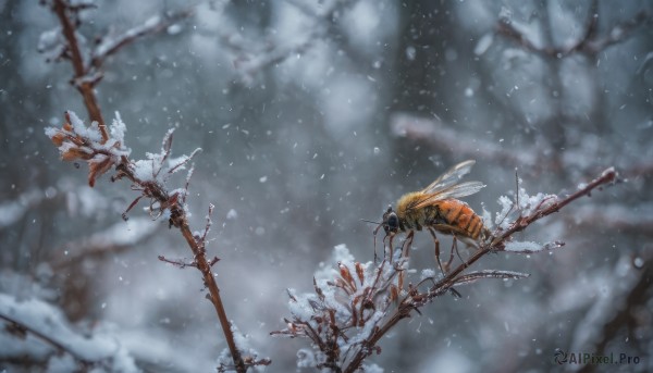 weapon, outdoors, wings, blurry, tree, gun, no humans, bug, scenery, snow, snowing, branch, winter, bare tree