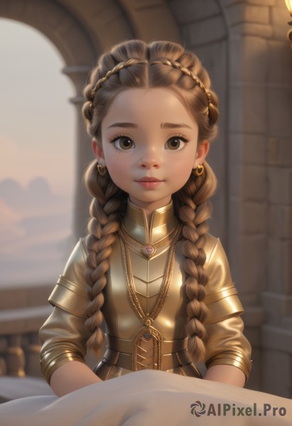 1girl,solo,long hair,looking at viewer,smile,brown hair,brown eyes,jewelry,closed mouth,upper body,braid,earrings,indoors,necklace,armor,blurry,twin braids,lips,depth of field,blurry background,hair over shoulder,forehead,freckles,breastplate,fantasy,multiple braids,artist name,table,thick eyebrows,nose,gold,gold armor